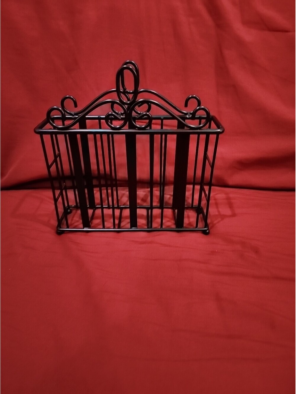 MAIL LETTER/ NAPKIN HOLDER VINTAGE TABLE/ SHELVE BLACK IRON SCROLL BALL FEET.